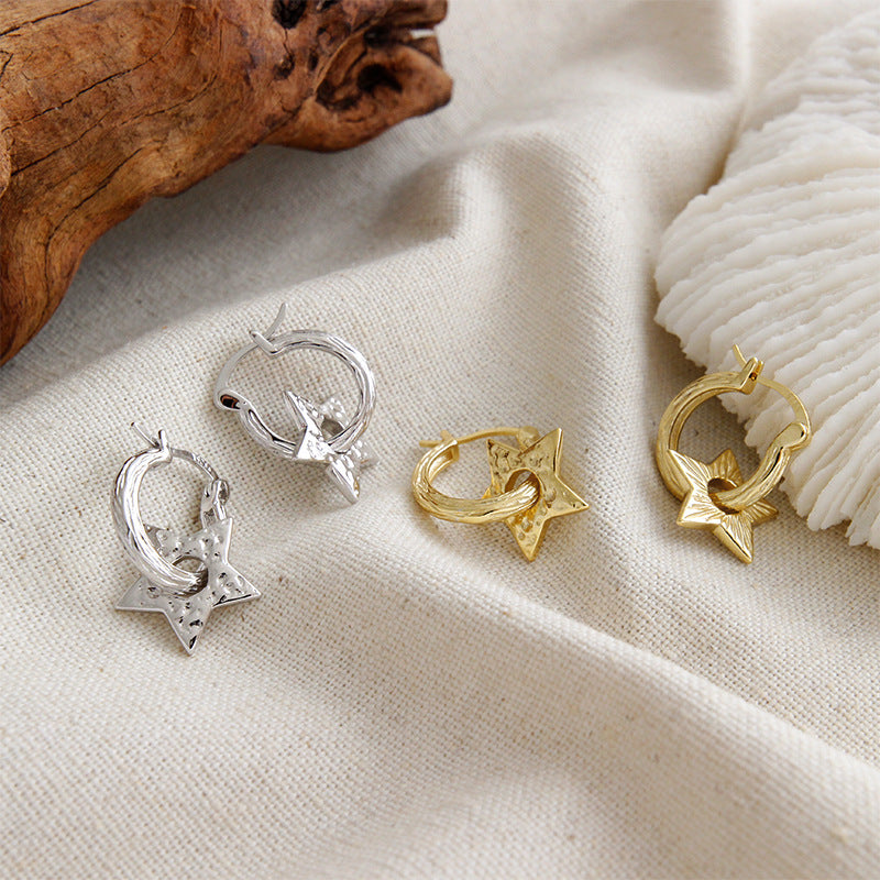 Stylish Hollow Stars 925 Sterling Silver & 18k Yellow Gold/Rhodium Hoop Earrings