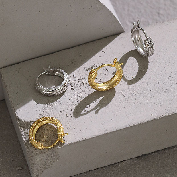 Simple Geometry Square Pattern 925 Sterling Silver Hoop Earrings