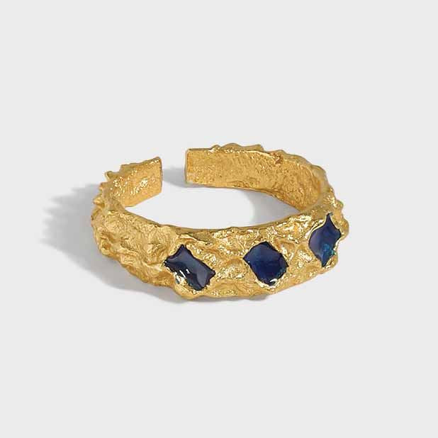 925 Sterling Silver Adjustable Ring/18K Yellow Gold/Rhodium Beautiful Gold with Blue Cubic Zirconia