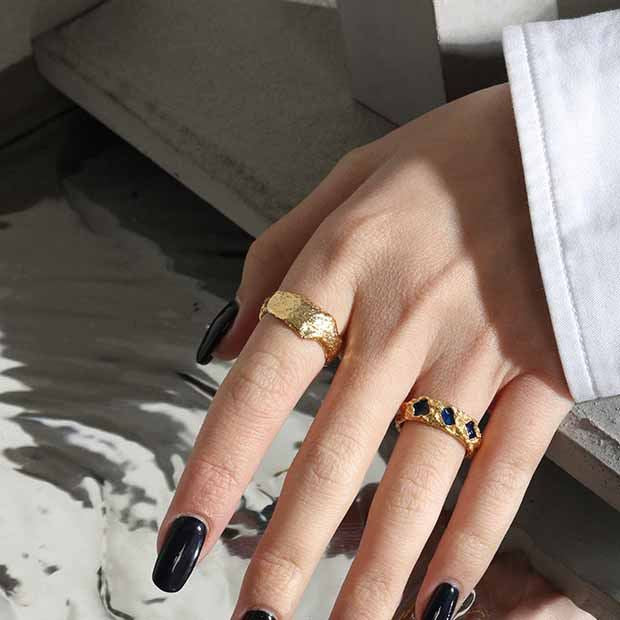 925 Sterling Silver Adjustable Ring/18K Yellow Gold/Rhodium Beautiful Gold with Blue Cubic Zirconia