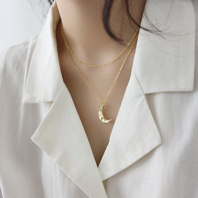 Minimalist Hammered Irregular Crescent Moon 925 Sterling Silver Necklace