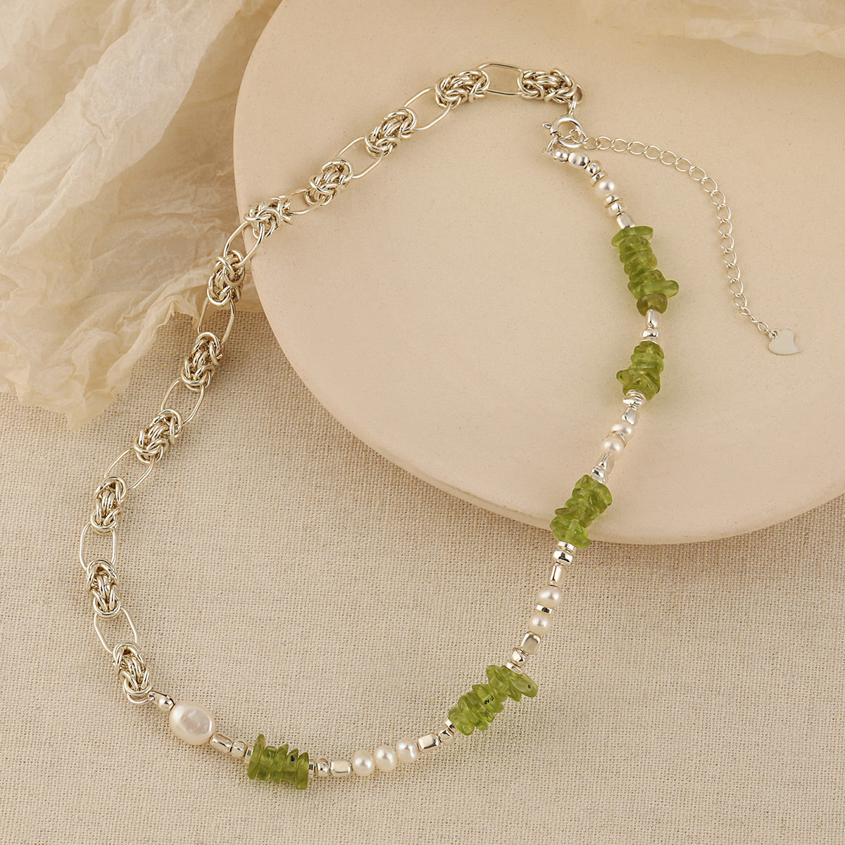 Stunning 925 Sterling Silver Necklace with Natural Pearl Peridot Fashion Forward Sweet Patchwork