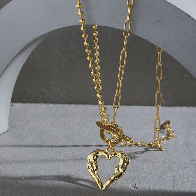 Make a Statement with this Stunning Elegant High-End T-bar Irregular Heart 925 Sterling Silver Necklace, 18K Yellow Gold/Rhodium