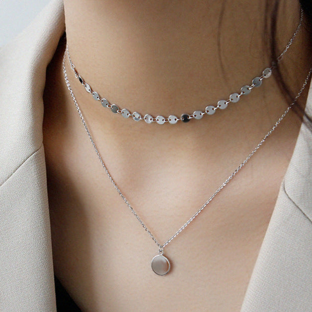 Double Layer Geometry Wafer 925 Sterling Silver Necklace