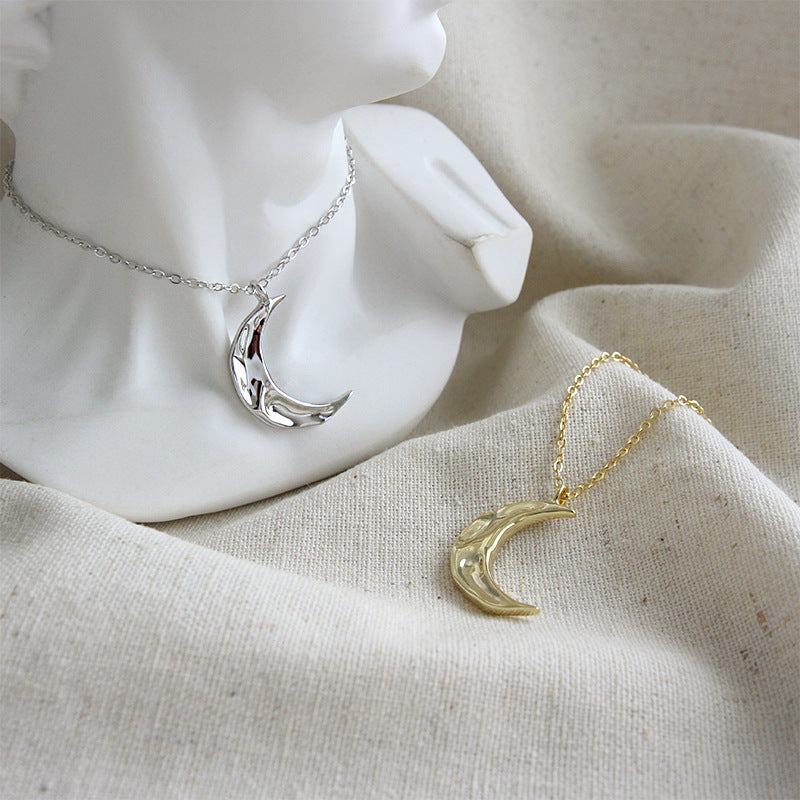 Minimalist Hammered Irregular Crescent Moon 925 Sterling Silver Necklace