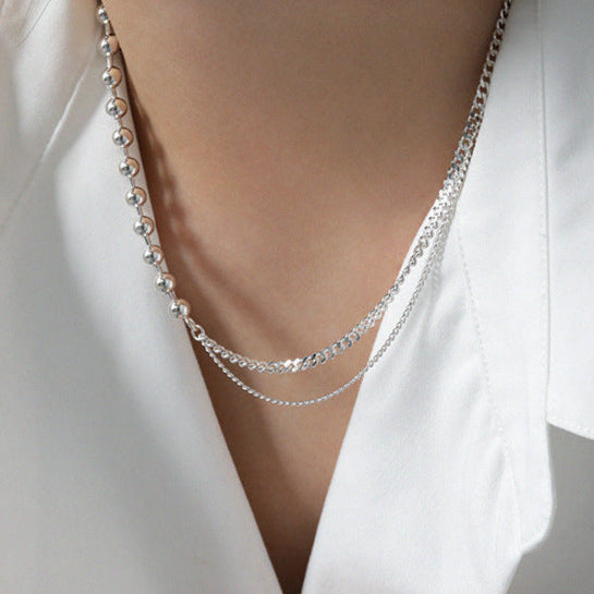 Fashion Asymmetry Beads Chain 925 Sterling Silver Necklace