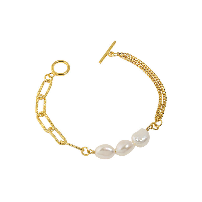 Hollow Chain Baroque Natural Pearl 925 Sterling Silver Bracelet