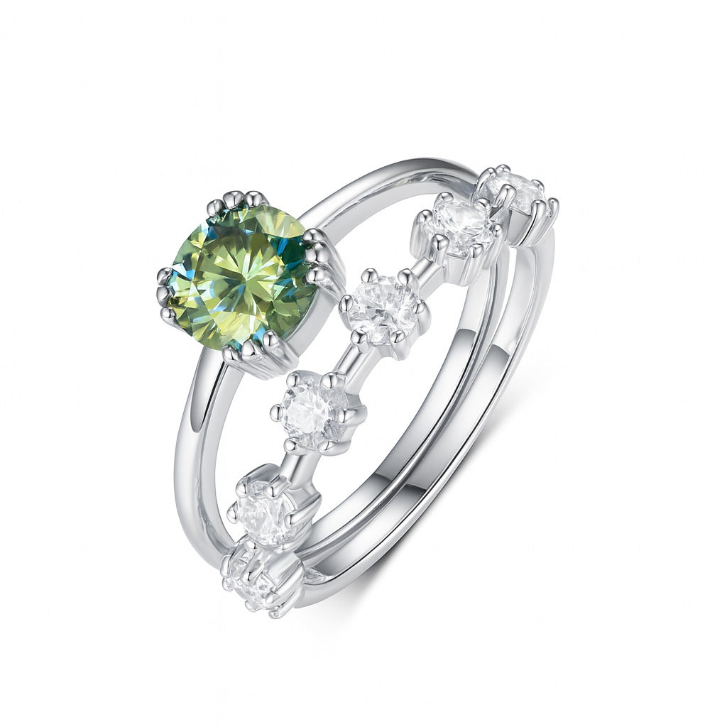 White Gold, Yellow Gold, Blue Green Round Moissanite Curved Row Stack Ring, Double Band Elegant Modern Fashion Jewellery