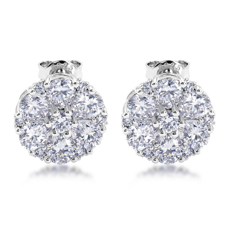 Daisy Flower Cluster Moissanite  White Tone S925 Stud Earrings