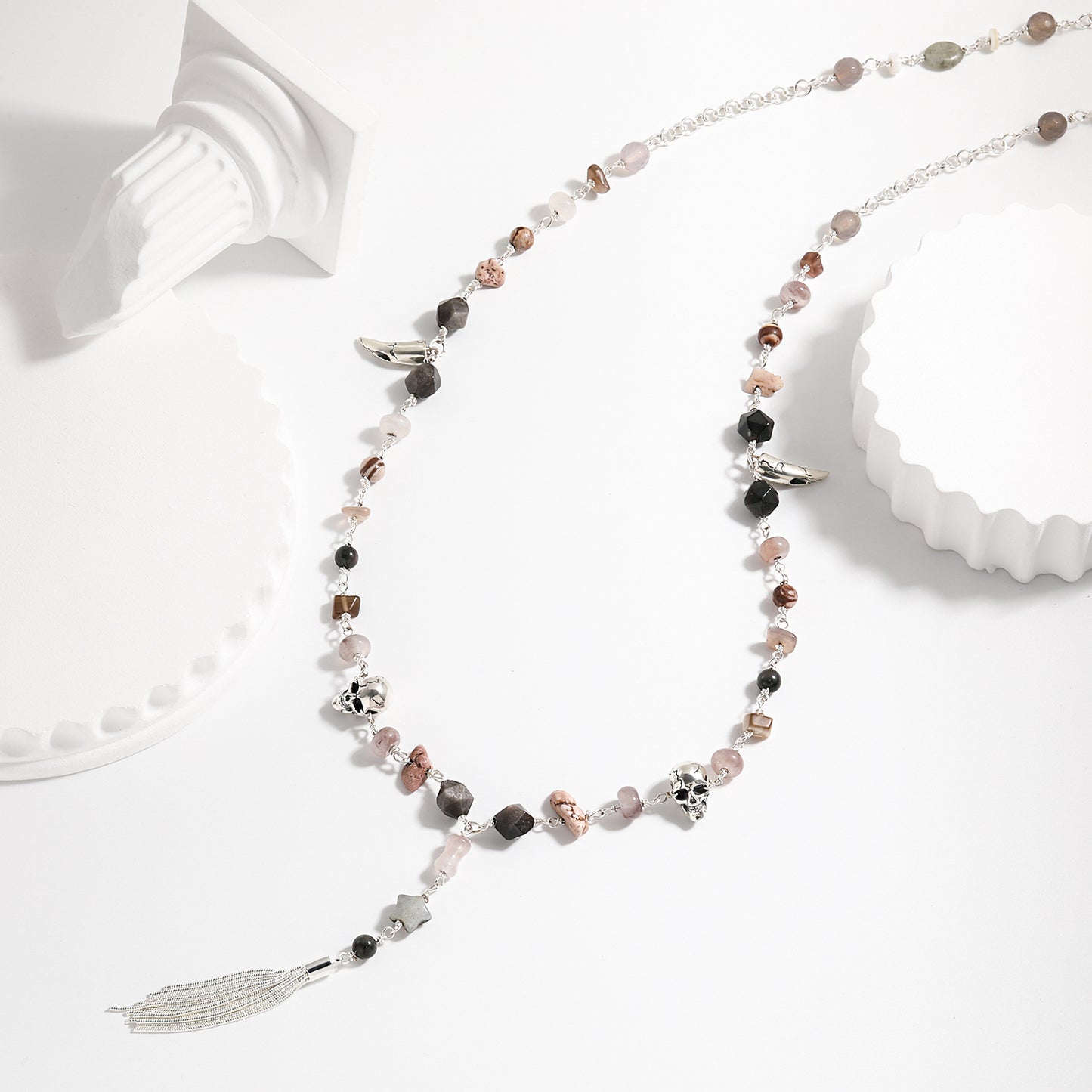 Statement Metal Jewelry Edgy 925 Pure Silver Fashion Skull Head Irregular Stone Tassels Waist Chain Metal