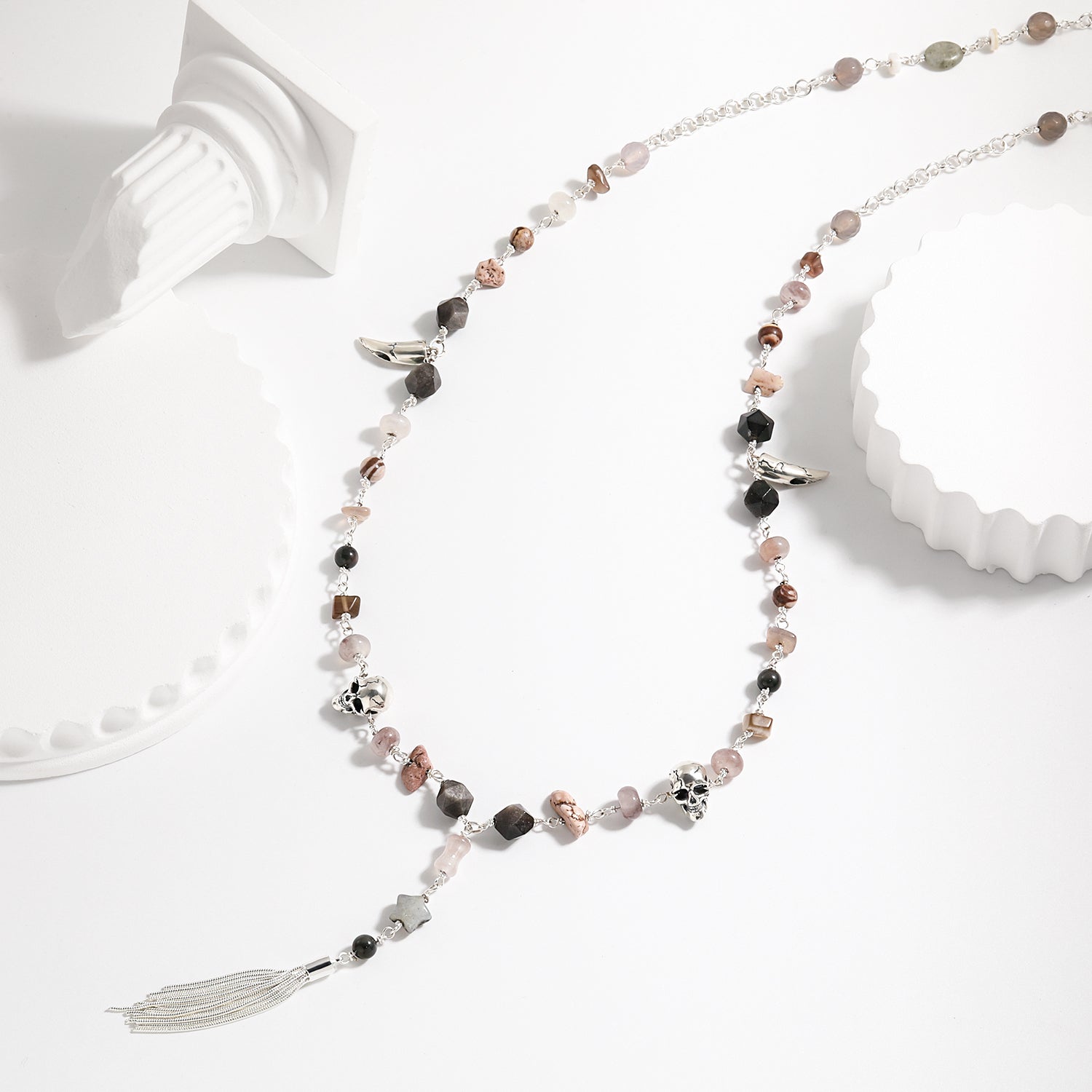 Statement Metal Jewelry Edgy 925 Pure Silver Fashion Skull Head Irregular Stone Tassels Waist Chain Metal