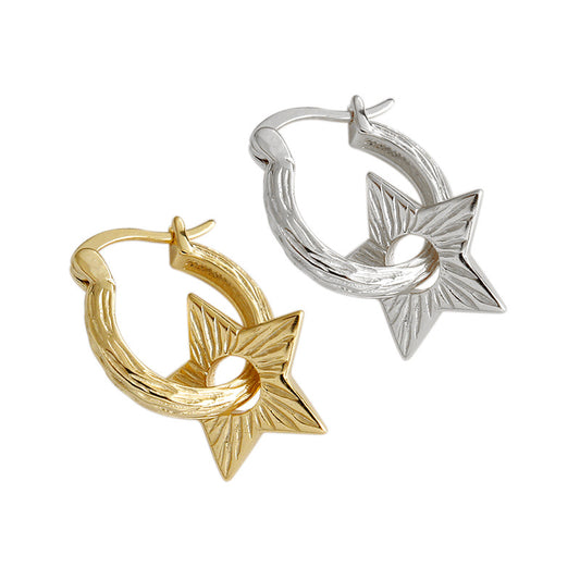 Stylish Hollow Stars 925 Sterling Silver & 18k Yellow Gold/Rhodium Hoop Earrings