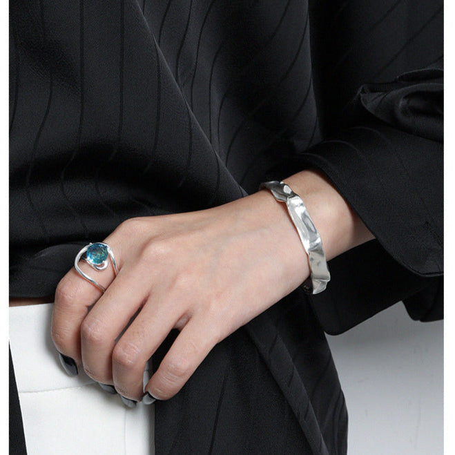 Simple Irregular Folding Paper 925 Sterling Silver Open Bangle