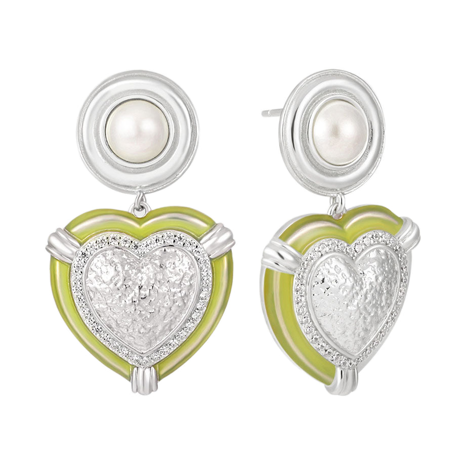 Wedding Pearls CZ Border Heart 925 Sterling Silver Dangling Earrings