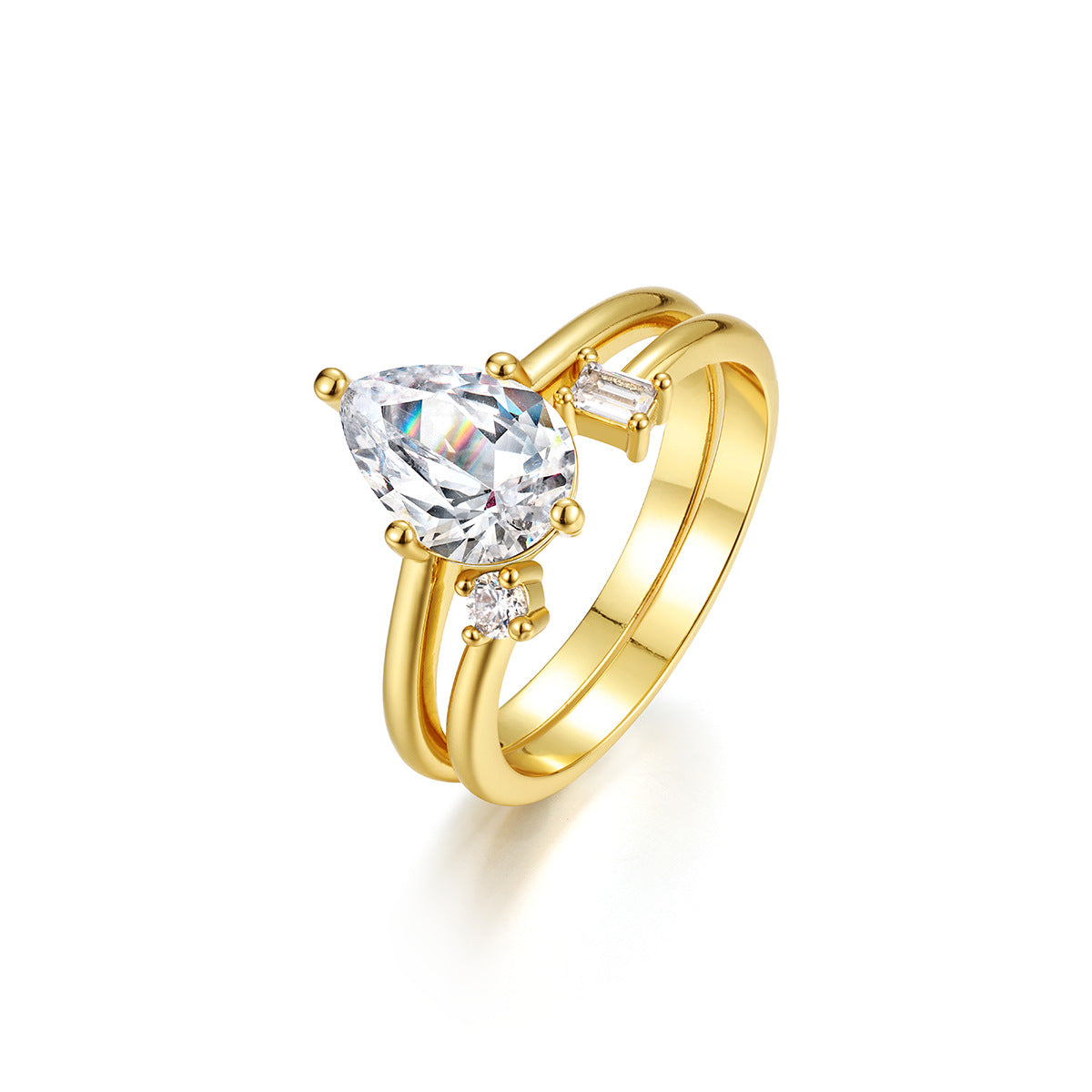 S925 Sterling Silver Pear Shape Moissanite Stack Double Band Ring Set with Round And Baguette Accent Stones White Gold Tone Or Yellow Gold