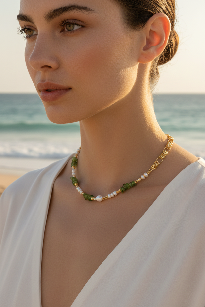 Natural Pearl Peridot Sweet Patchwork Necklace, 18k