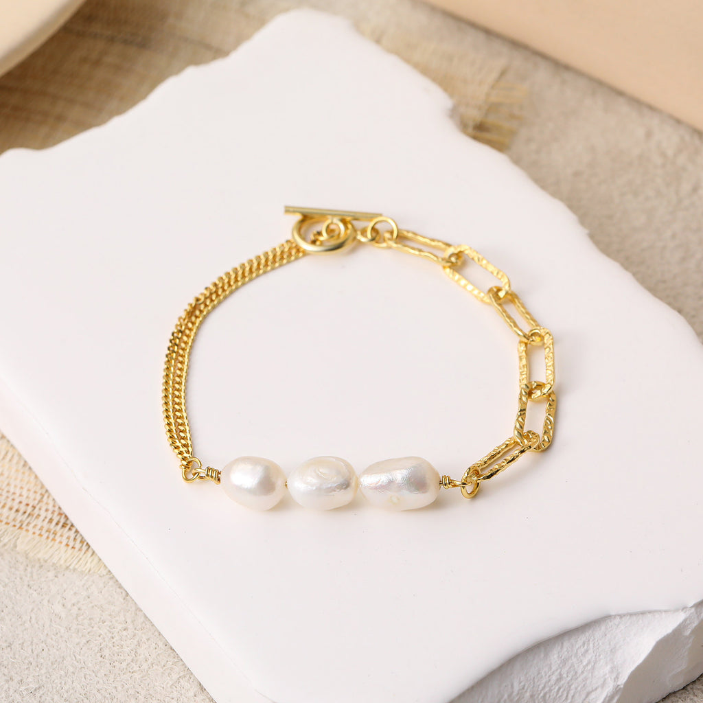 Hollow Chain Baroque Natural Pearl 925 Sterling Silver Bracelet