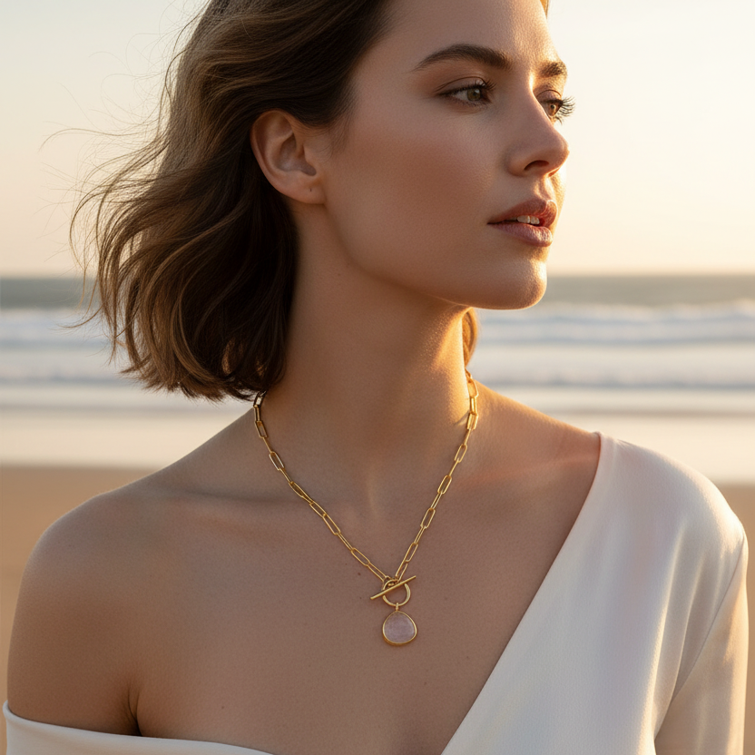 Graduation Round Natural Crystal OT Hollow Chain Necklace