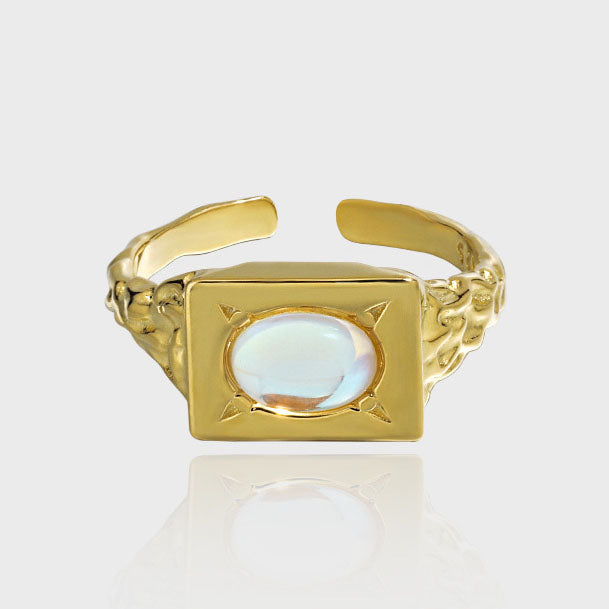 Oval  Moonstone Geometry Rectangle 925 Sterling Silver Adjustable Ring