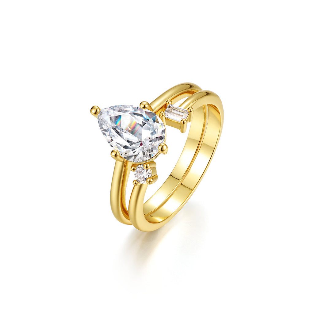 S925 Sterling Silver Pear Shape Moissanite Stack Double Band Ring Set with Round And Baguette Accent Stones White Gold Tone Or Yellow Gold