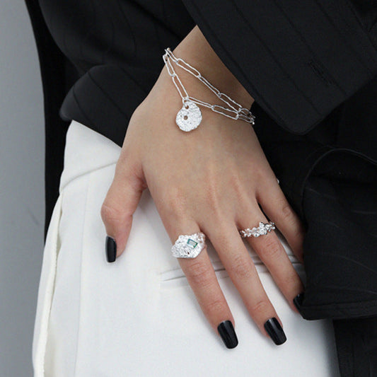 Stylish Office Double Layers Hollow Chain Lotus Leaf 925 Sterling Silver Bracelet