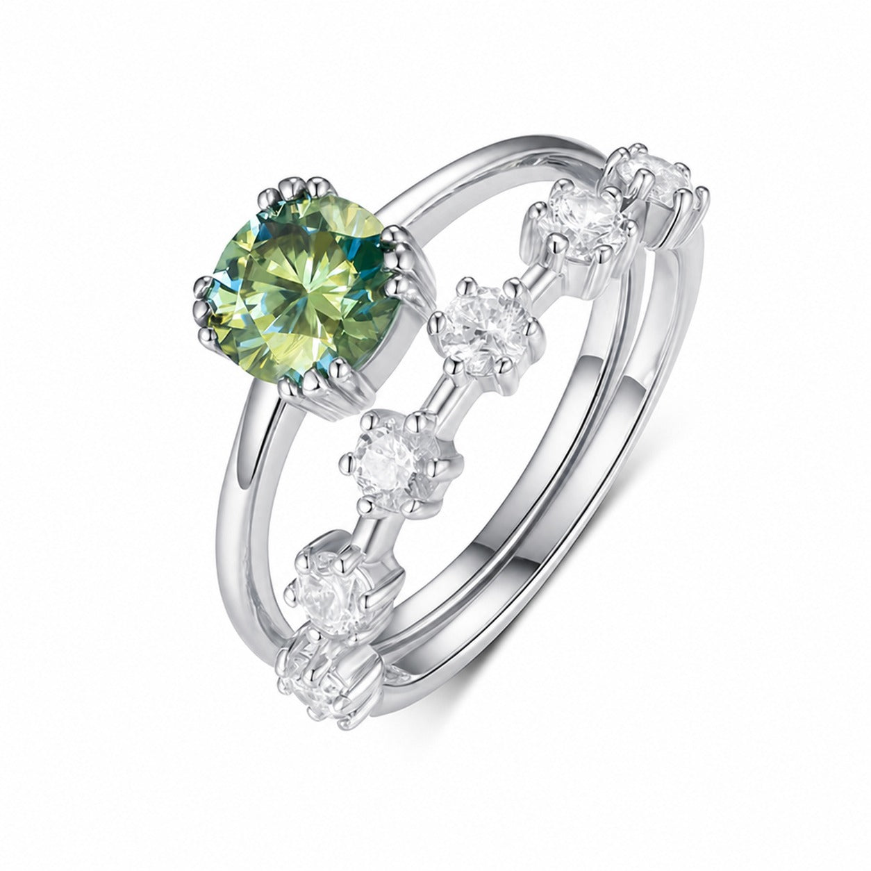 White Gold, Yellow Gold, Blue Green Round Moissanite Curved Row Stack Ring, Double Band Elegant Modern Fashion Jewellery