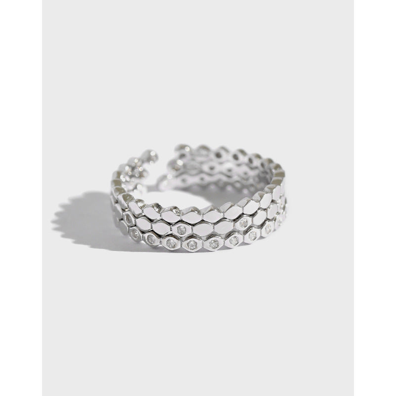 Three layer CZ Hive 925 Sterling Silver Adjustable Stacker Ring