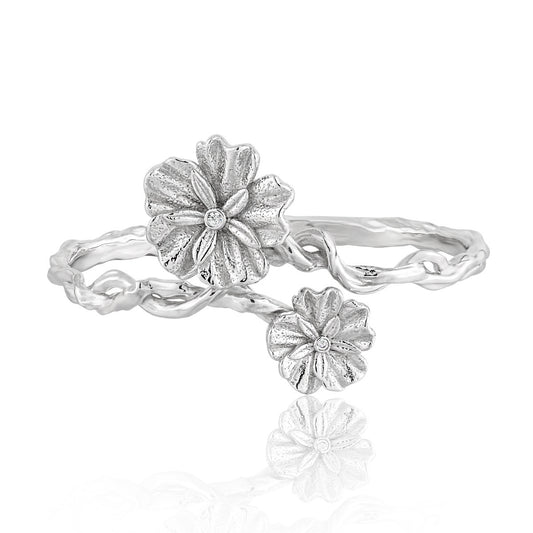 925 Sterling Silver Beautiful Flower Open Bangle