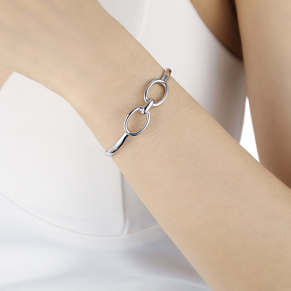 Modern Minimalist Double Circle Hollow Design 925 Sterling Silver Open Bangle Bracelet