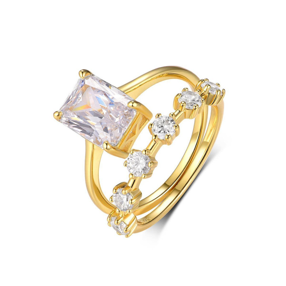 White Gold Or Yellow Gold Moissanite Emerald Cut Rectangular Geometric Stackable Two Piece Ring Set, Elegant Modern Fashion Jewelry Gift