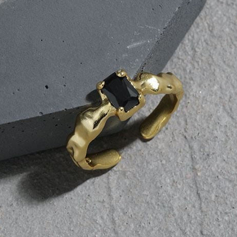 Fashion Irregular Black Geometry CZ 925 Sterling Silver Adjustable Ring