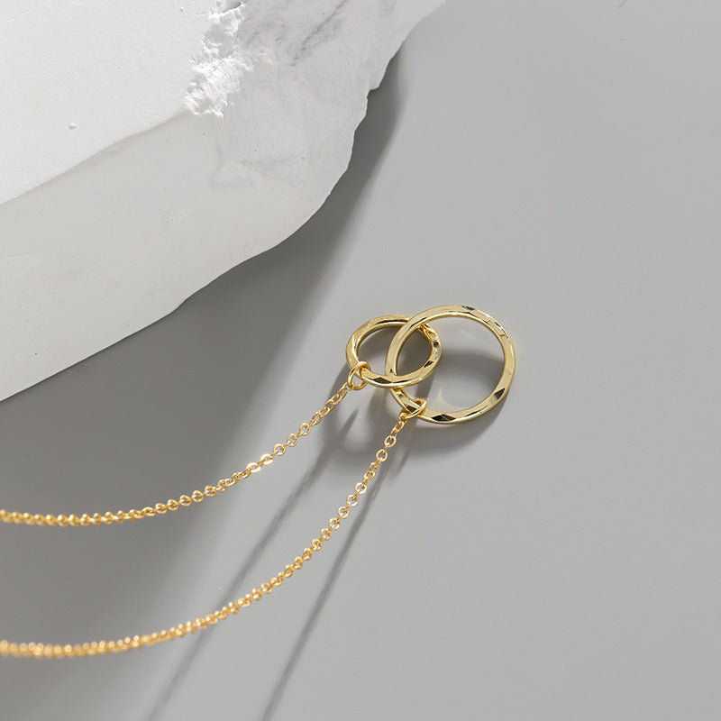 Elegant exquisite double interlocking circular ring texture S925 sterling silver necklace for women