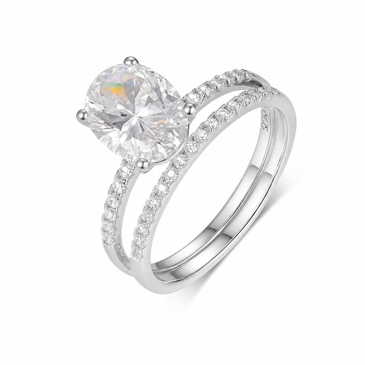 925 Sterling Silver Oval Moissanite Two Piece Band Ring, Wedding Anniversary Gift for Women
