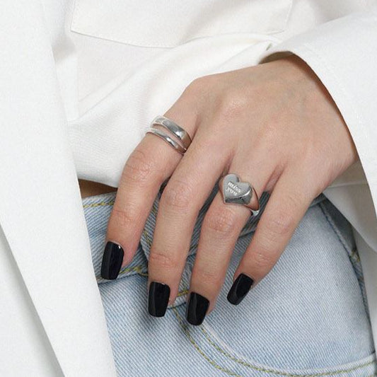 Miss You Letters Heart 925 Sterling Silver Wide Adjustable Ring