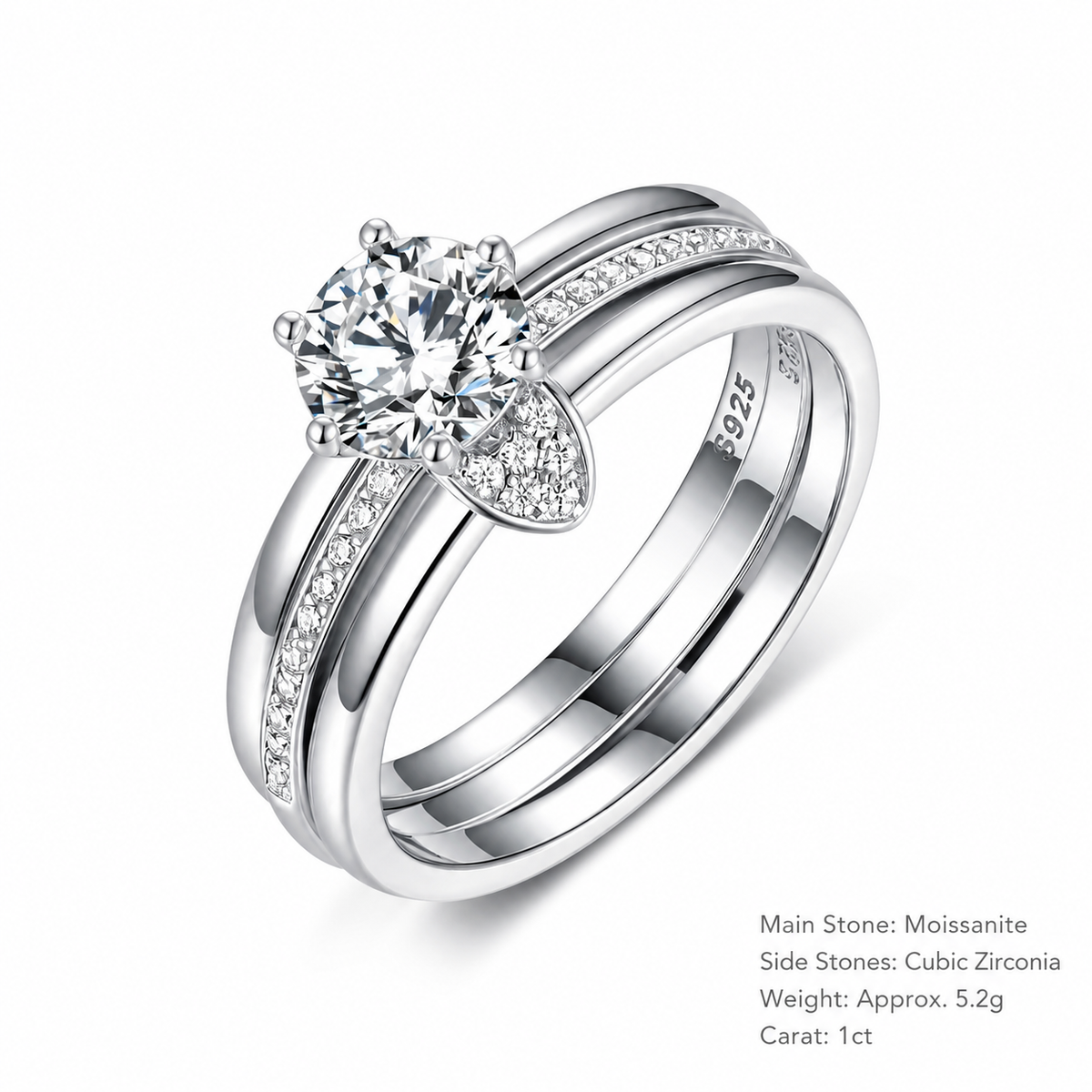 A silver-toned double-band ring set featuring a round-cut Moissanite center stone and small cubic zirconia side stones, shown on a clean white background with product details printed in the lower right corner.