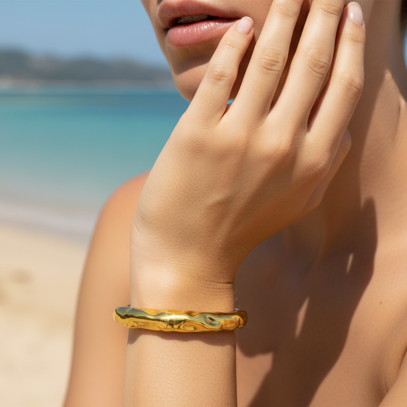 999 Sterling Silver - Chunky Golden Open Cuff Bracelet/Bangle