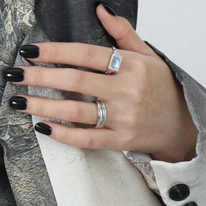 Oval  Moonstone Geometry Rectangle 925 Sterling Silver Adjustable Ring
