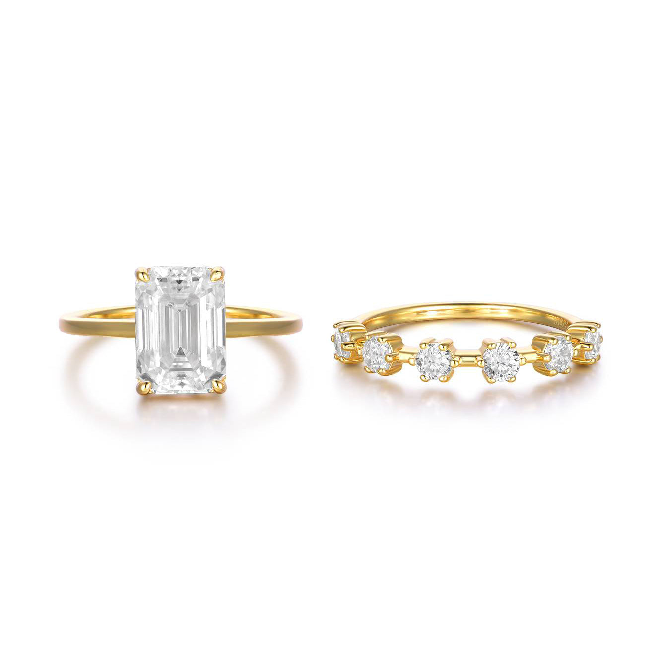 White Gold Or Yellow Gold Moissanite Emerald Cut Rectangular Geometric Stackable Two Piece Ring Set, Elegant Modern Fashion Jewelry Gift