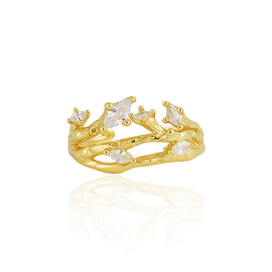 Women Irregular CZ Tree Branch 925 Sterling Silver Adjustable Ring
