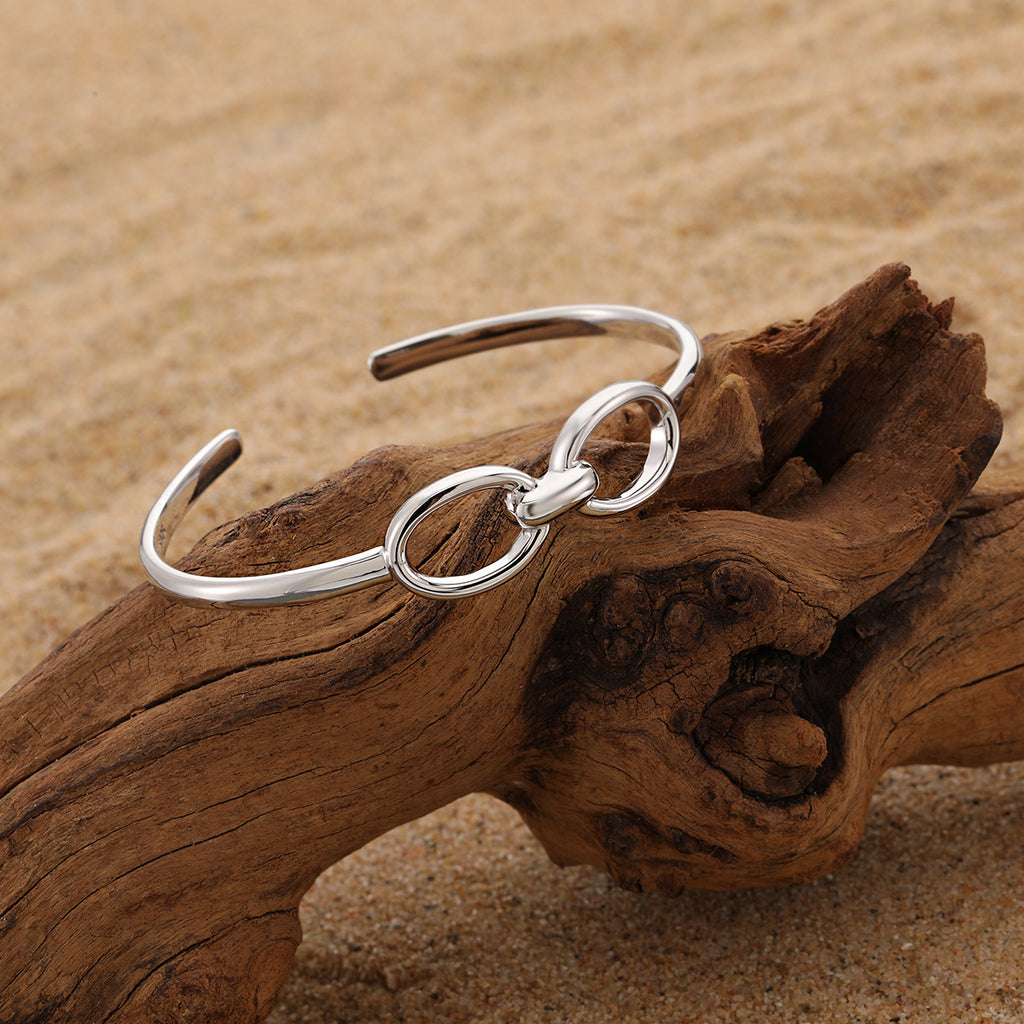 Modern Minimalist Double Circle Hollow Design 925 Sterling Silver Open Bangle Bracelet