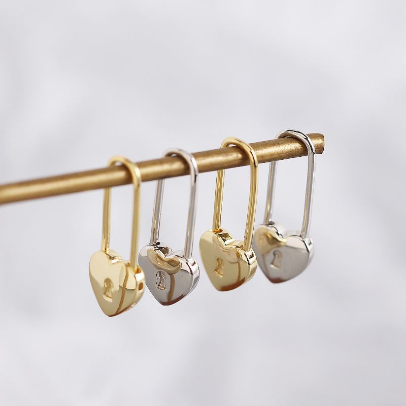 Cool Fashion Heart Lock 925 Sterling Silver Hoop Earrings