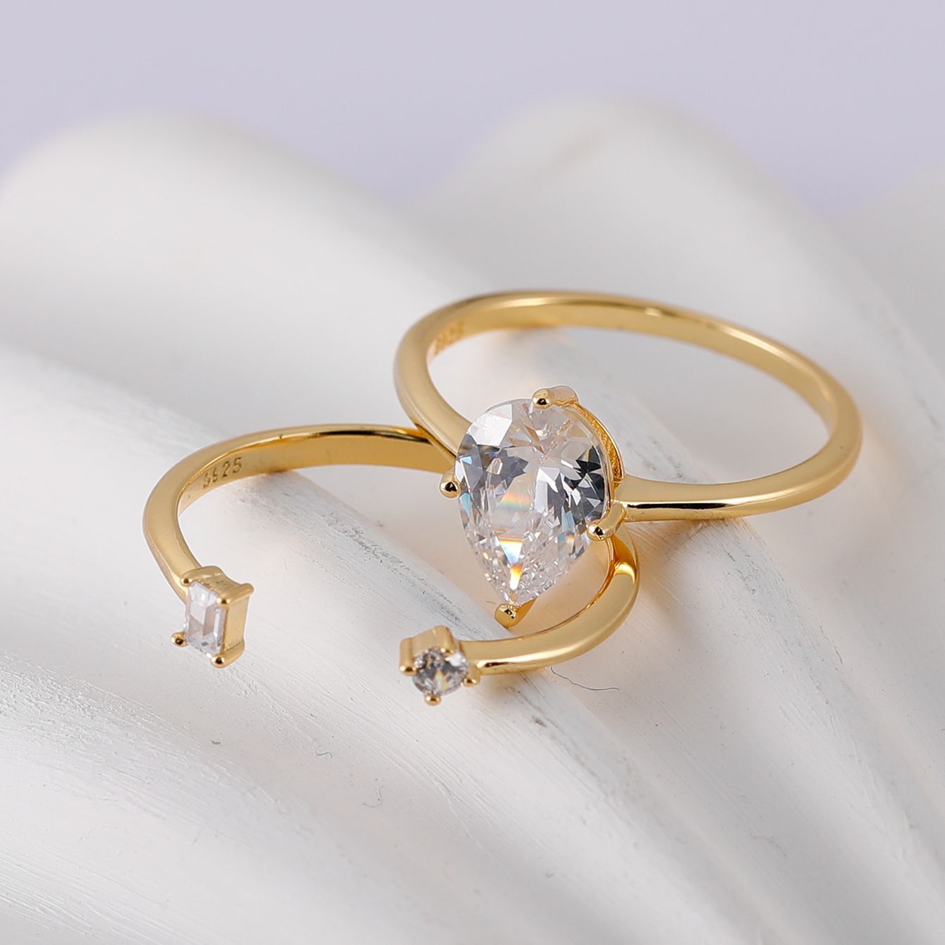S925 Sterling Silver Pear Shape Moissanite Stack Double Band Ring Set with Round And Baguette Accent Stones White Gold Tone Or Yellow Gold