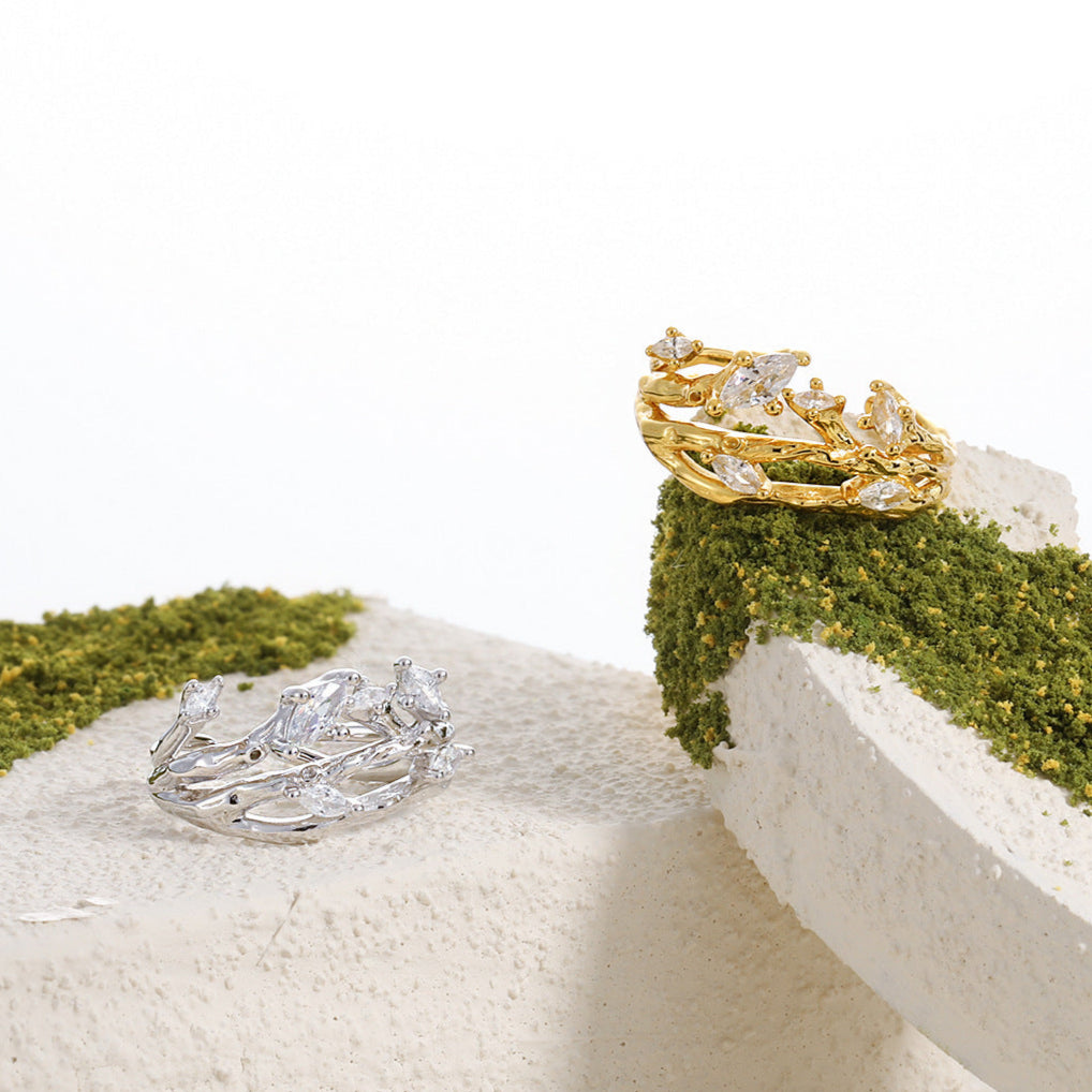 Women Irregular CZ Tree Branch 925 Sterling Silver Adjustable Ring