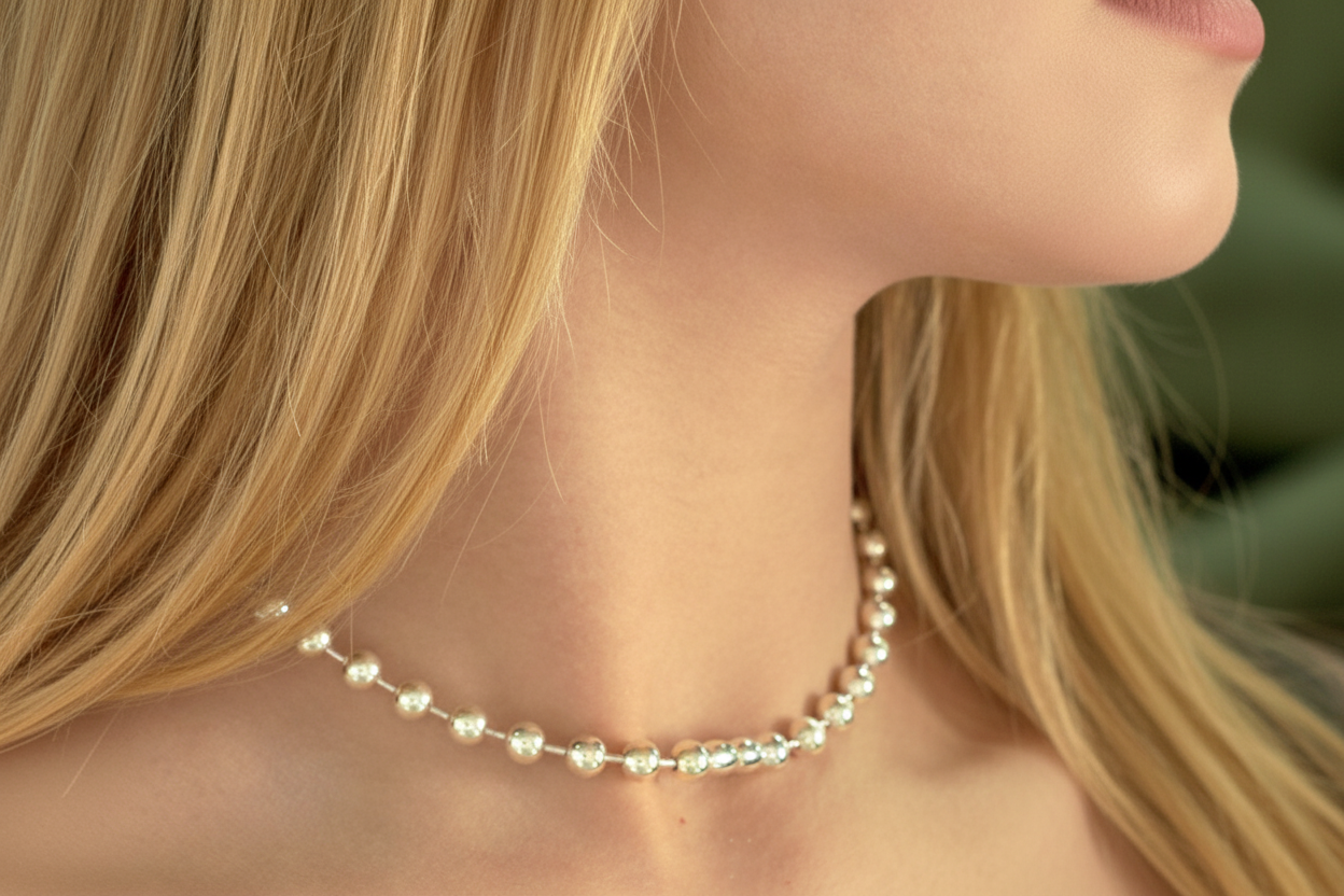 Stunning Elegant Round Beads 925 Sterling Silver 18K Yellow Gold/Silver Necklace