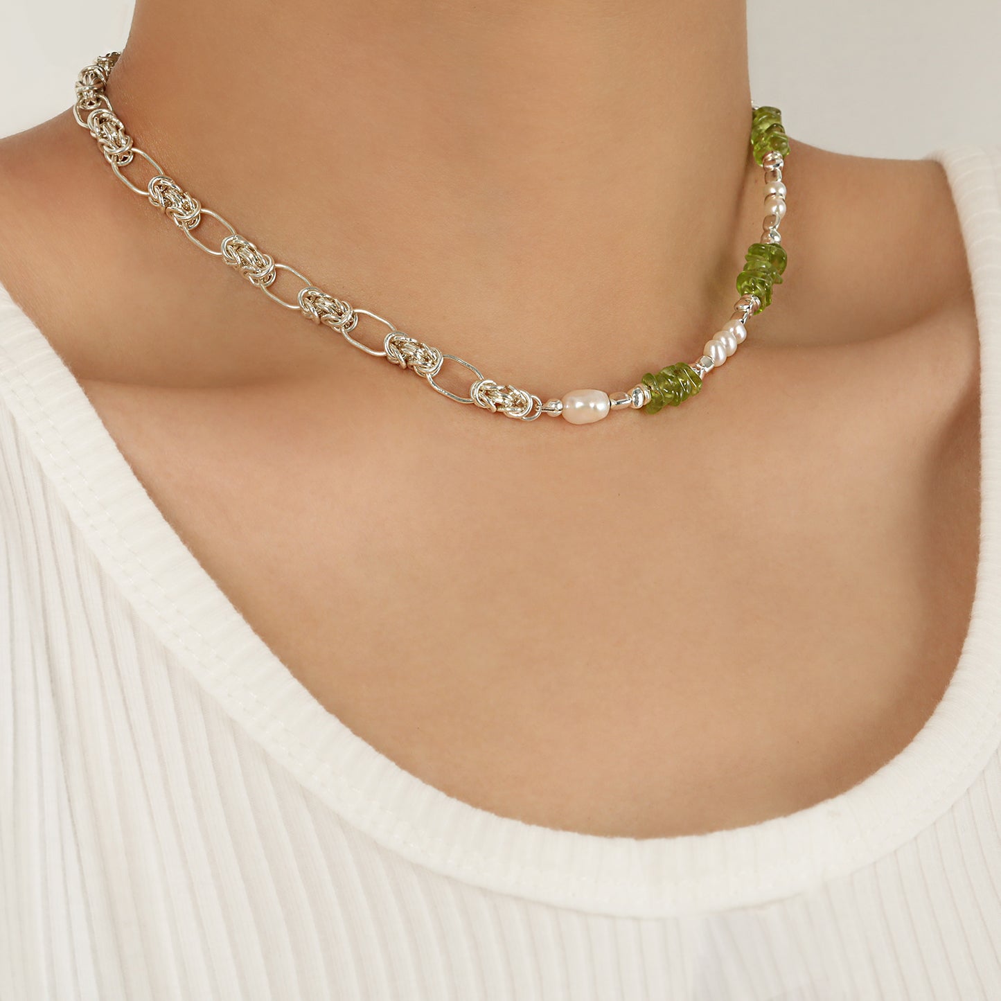 Stunning 925 Sterling Silver Necklace with Natural Pearl Peridot Fashion Forward Sweet Patchwork