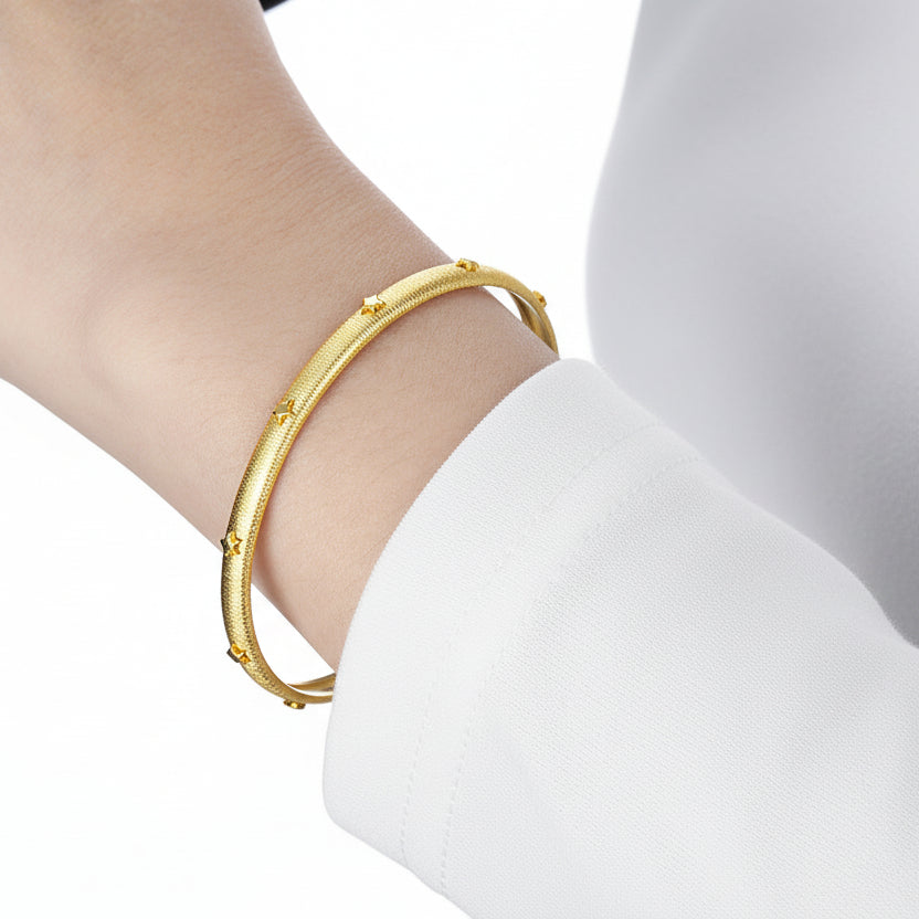 Beautiful Gift for Her, Elegant Stars Matte Brushed Five-Pointed Star Design 925 Sterling Silver Open Bangle Bracelet