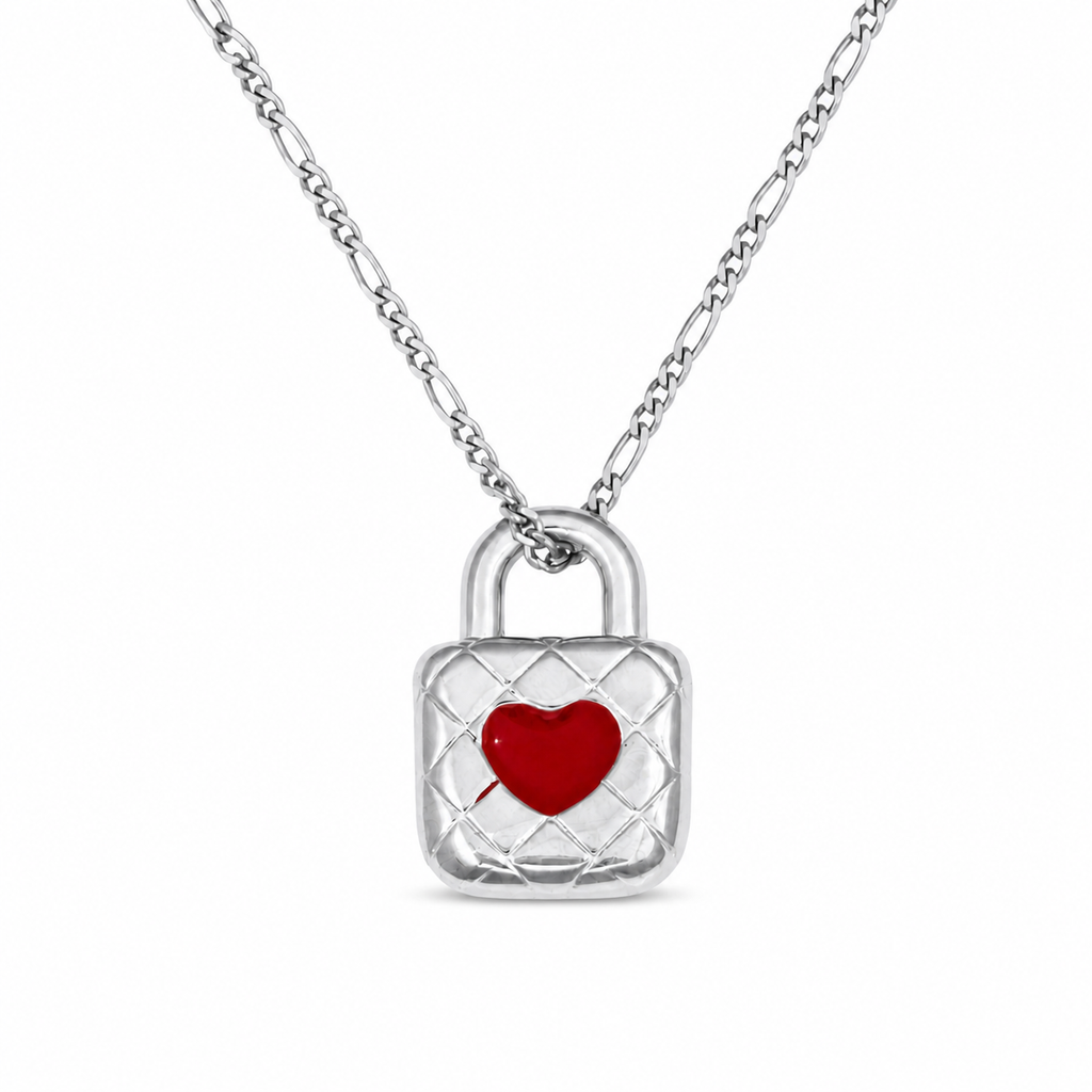 Romantic True Love Necklace 925 Sterling Silver Red Enamel Heart Lock Pendant
