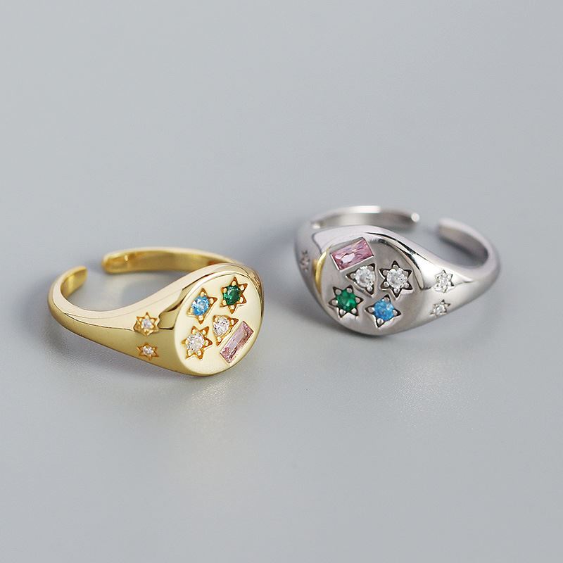 Geometry Colorful CZ Stars Rectangle 925 Sterling Silver Adjustable Ring