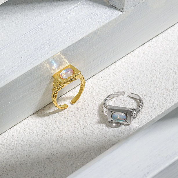 Oval  Moonstone Geometry Rectangle 925 Sterling Silver Adjustable Ring