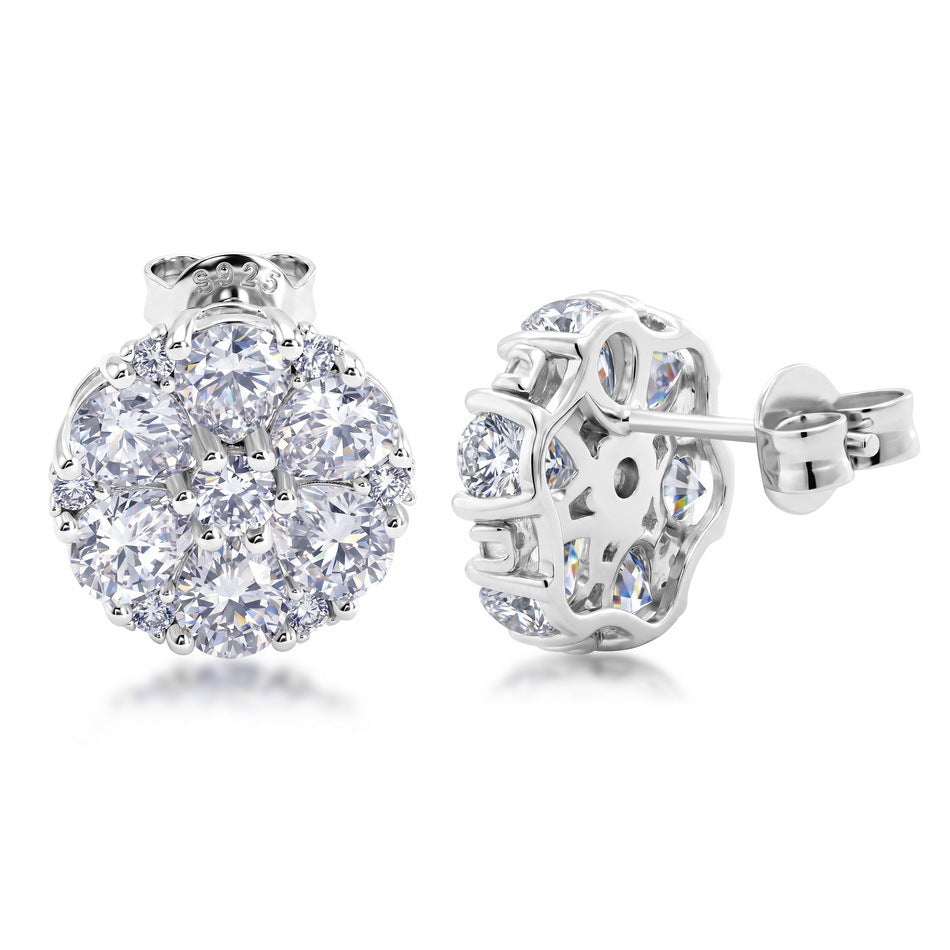 Daisy Flower Cluster Moissanite  White Tone S925 Stud Earrings